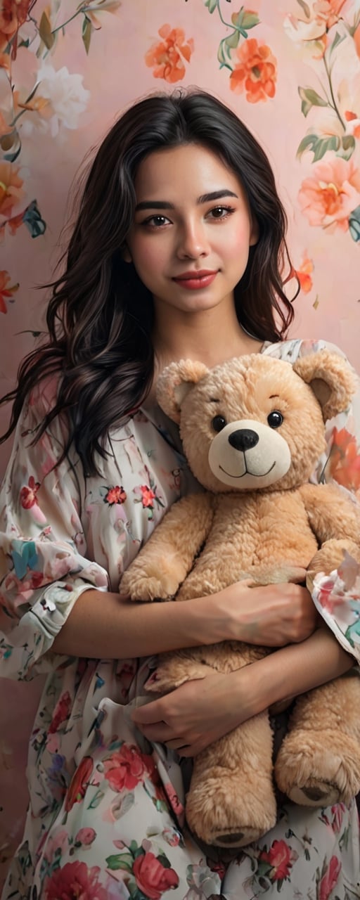 (best quality,masterpiece,highres,8K,raw image),ultra detailed, realistic detailed, hyper realistic, Generate hyper realistic image of a beautiful young woman cuddling a stuffed teddy bear, flowy black hair, eye contact, kind smile, realistic detailed glowing floral outfits, expressive jewelry, bliss, joyful, well lit abstract art background,colorful