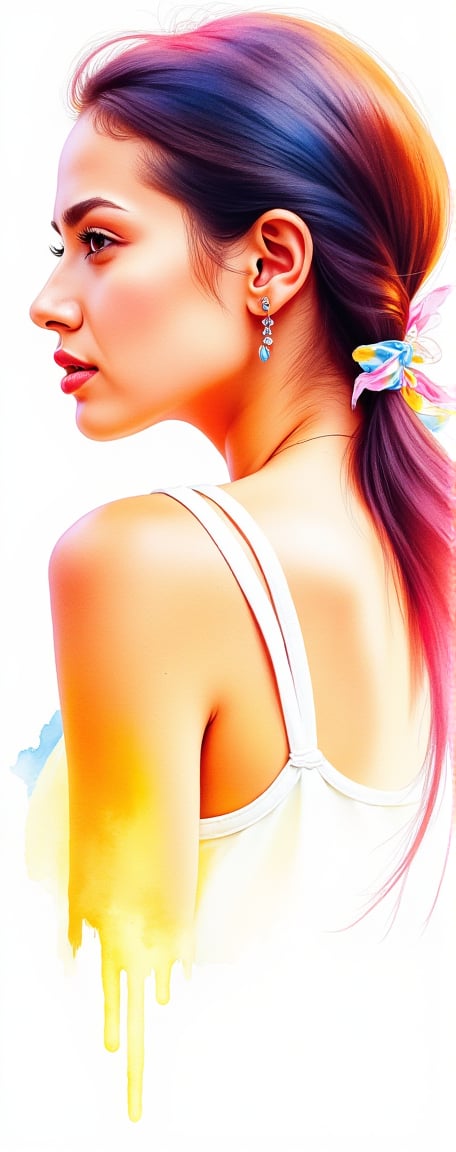 (masterpiece, best quality, ultra-detailed, 8K),highres, high detail, realisitc detailed,highres,sharp focus, watercolor, a beautiful woman, shoulder, hair ribbons, half body portrait, extremely luminous bright design, ink, pastel colors, summer lights