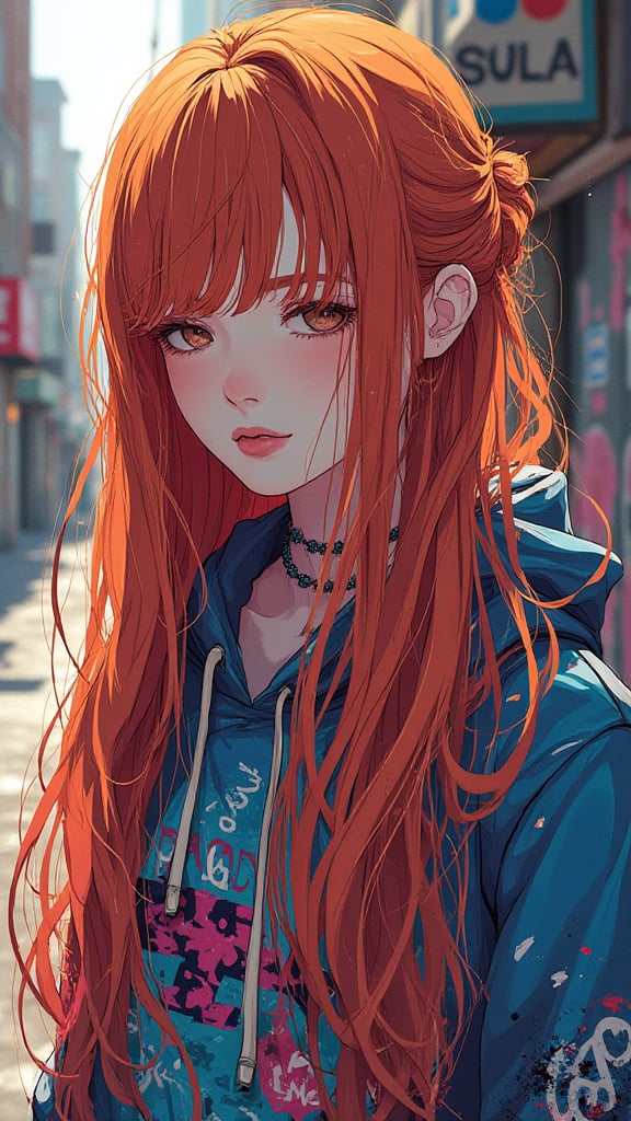 (masterpiece, high quality, 8K, high_res),
epic splash art in anime style, an amazingly beautiful young woman, glowing long amber hair intertwined with many azure ribbons and neatly laid out, intricate Hoodie dress with street art print, merge colors palette of pop art style and urbanism of street art style,
street full of graffiti in the background,