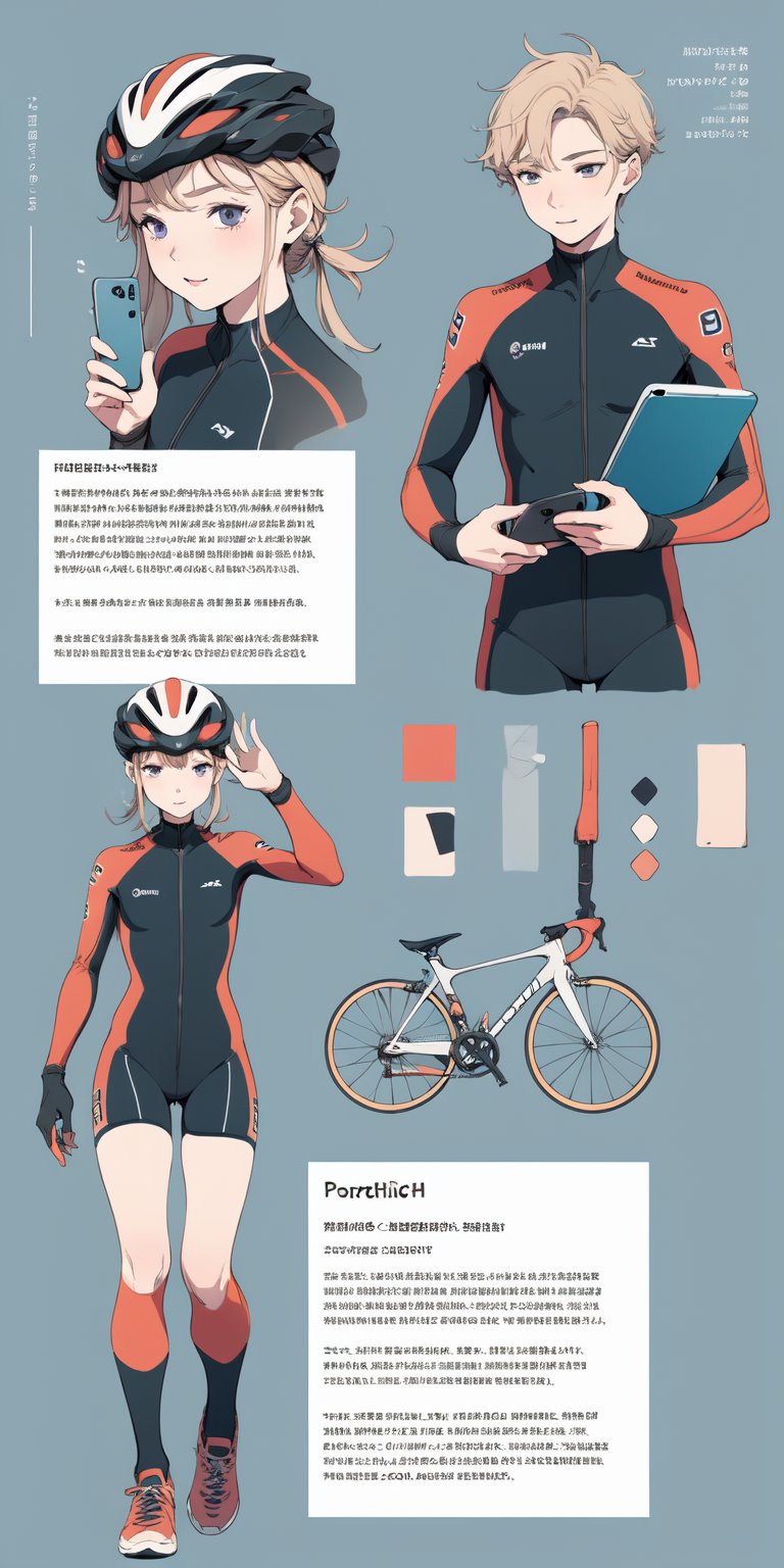 ((best quality)), reference sheet, a absurdres illustration of a beautiful young road cycle racer in mordern road bicycle suit taking selfie with a iphone, purple background, flat illustration, ((a ncg)), in only four colors,reference sheet,beautiful bold typograhy of text: 'Like a NCG', 