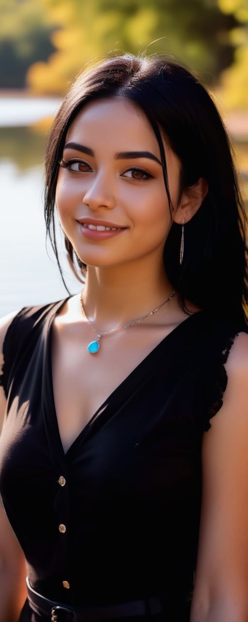 (beautiful and aesthetic:1.4), create a minimalist image of a beautiful young woman, 23yo, brown eyes,eye contact, glowing black hair, kind smile, bliss vibes, realistic detalied dress shirt, expressive outfits, necklace, earrings,chokcer, goth style,colorful, vibrant colors, well lit river bank background,