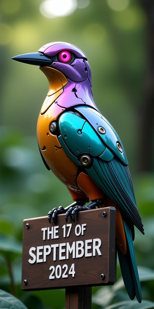 (best quality, ultra-detailed, hyper realistic, 8K, masterpiece), a highly detailed and vibrant digital artwork of a robotic kingfisher bird perched on a signboard reading "The 17th of September 2024". The bird has a sleek, metallic body with a seamless rainbow gradient, blending hues of blue, green, yellow, and pink. Its large, round eyes glow with bright pink light, adding a futuristic, high-tech appearance. The feathers are intricately designed with a combination of smooth metallic surfaces and segmented plates, creating a sophisticated mechanical aesthetic.

The background is softly blurred with shades of green, resembling a lush natural environment that contrasts with the robotic bird’s artificial design. The soft lighting reflects off the metallic feathers, enhancing the iridescent colors and mechanical textures. The overall composition is vertical, with the robotic kingfisher as the central focus, standing out against the subtly blurred, organic backdrop.
