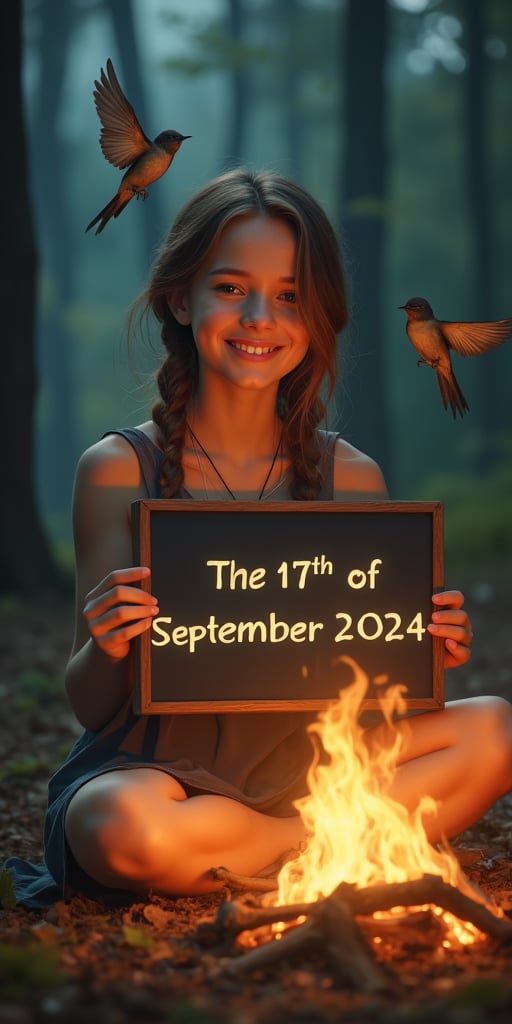 A lovely woman with braided brown hair and a kind smile sits by a cozy, glowing campfire in an enchanted forest, holding a sign "The 17th of September 2024" on an electronic screen. She wears a simple, comfortable dress, and the light of the fire casts a warm glow on her face. Magical birds gather around, adding to the enchanting scene.
