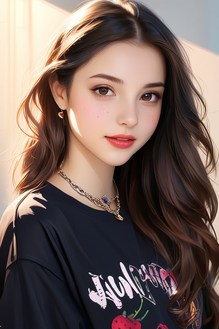 (best quality, 4k, 8k, highres, masterpiece), ultra-detailed,  a close up watercolor portrait of a beautiful student model, looking back, long hair, eye contact, kind smile, well lit background, shirt, brown hair, black hair, closed mouth, jewelry, brown eyes, earrings, necklace, black shirt, lipgloss, forehead, stenciled yellow iconography background, portrait, realistic, photorealistic