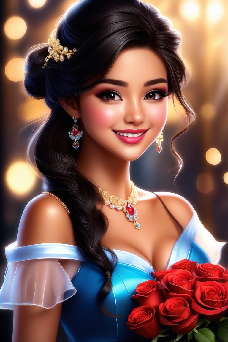 (masterpiece, best quality, ultra-detailed, 8K),highres, high detail, realisitc detailed,highres,sharp focus, 
a beautiful young woman holding a bouquet of roses, black flowy hair, chignon,brown eyes,lipgloss,expressive realistc detailed outfits,vibrant colors dress,kind smile, bliss,🌹,💕✨,🥂,colorful,beautiful and aesthetic,