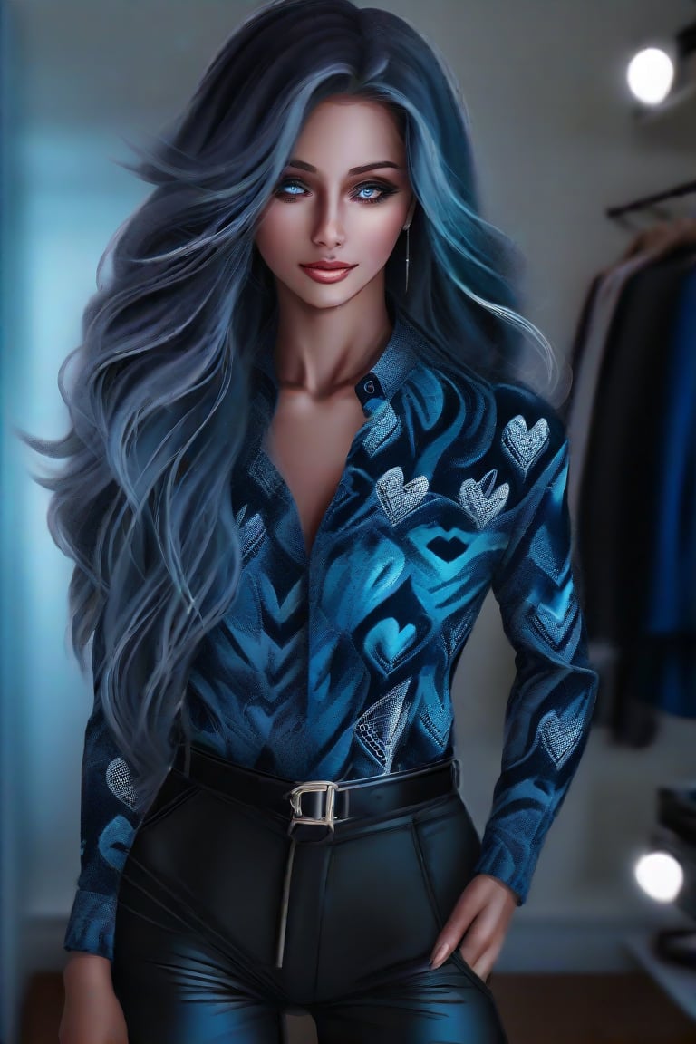 Generate hyper realistic image of a woman with long, voluminous, and slate hair. The hair is styled with a slightly tousled. she has dark blue eyes with accentuated with bold, smoky eye makeup. She is wearing a patterned, long-sleeve button-up shirt in shades of black and azure, featuring intricate designs and black leather pants. The shirt is complemented by a matching black tie with small white heart patterns. She has a confident and kind smile, with a hint of playfulness in her eyes. She is atnding in a modern, stylish dressing room or wardrobe area with a well-lit vanity mirror surrounded by lights.