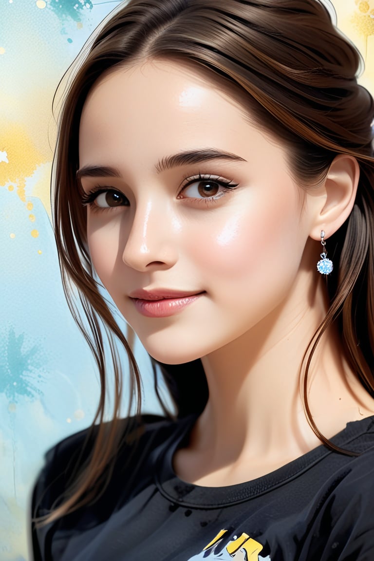 (best quality, 4k, 8k, highres, masterpiece), ultra-detailed,  a close up watercolor portrait of a beautiful student model, looking back, long hair, eye contact, kind smile, well lit background, shirt, brown hair, black hair, closed mouth, jewelry, brown eyes, earrings, necklace, black shirt, lipgloss, forehead, stenciled yellow iconography background, portrait, realistic, photorealistic