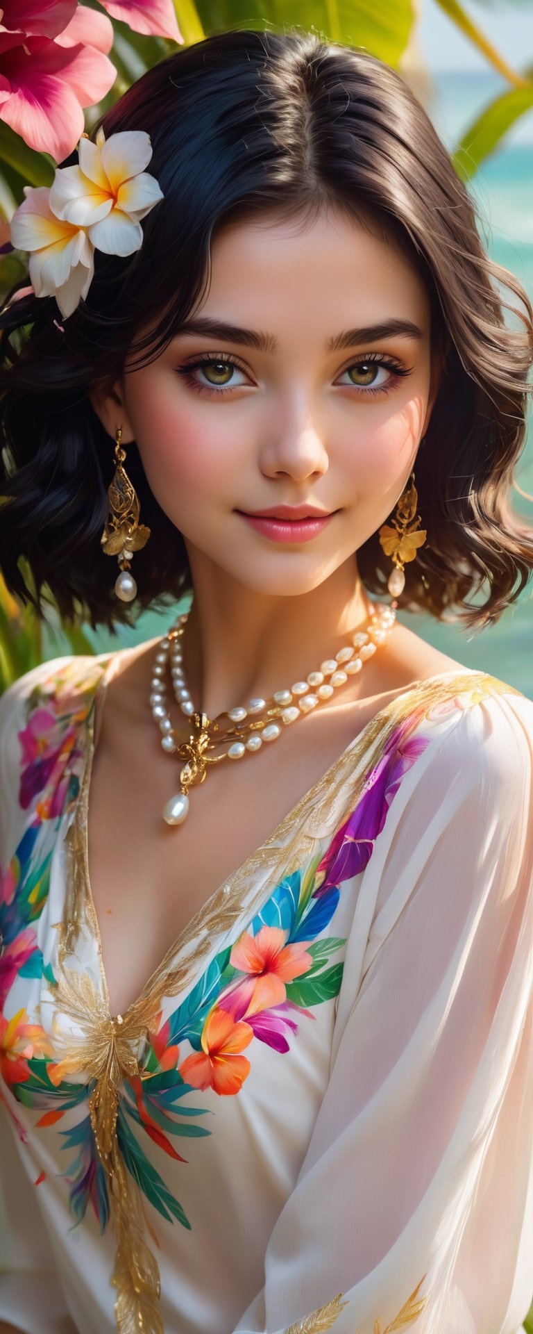 (best quality, masterpiece, ultra detailed, 8K, RAW photo), 
an oil paintiing of a beautiful student model, eye contact,beautiful detailed dark eyes, lipgloss, kind smile, graceful pose, flowy black hair, pearl white expressive prestigous blouse with colorful flower patterns, glowing jewelries, gorgeous gold necklace, fantasy style, soft brush strokes, vibrant colors, delicate features, soft natural light, subtle shading, tropical fesitval background, 