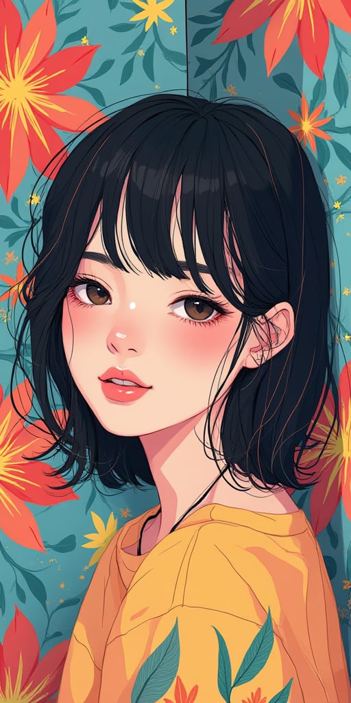 (best quality, masterpiece, ultra-detailed, 8K, UHD), a vibrant digital illustration featuring a young beautiful woman leaning against colorful wall printed botanial patterns at pop-style Private Rooms,kind smile,bangs,messy short-bob,detailed realistic clothes,soft tone,