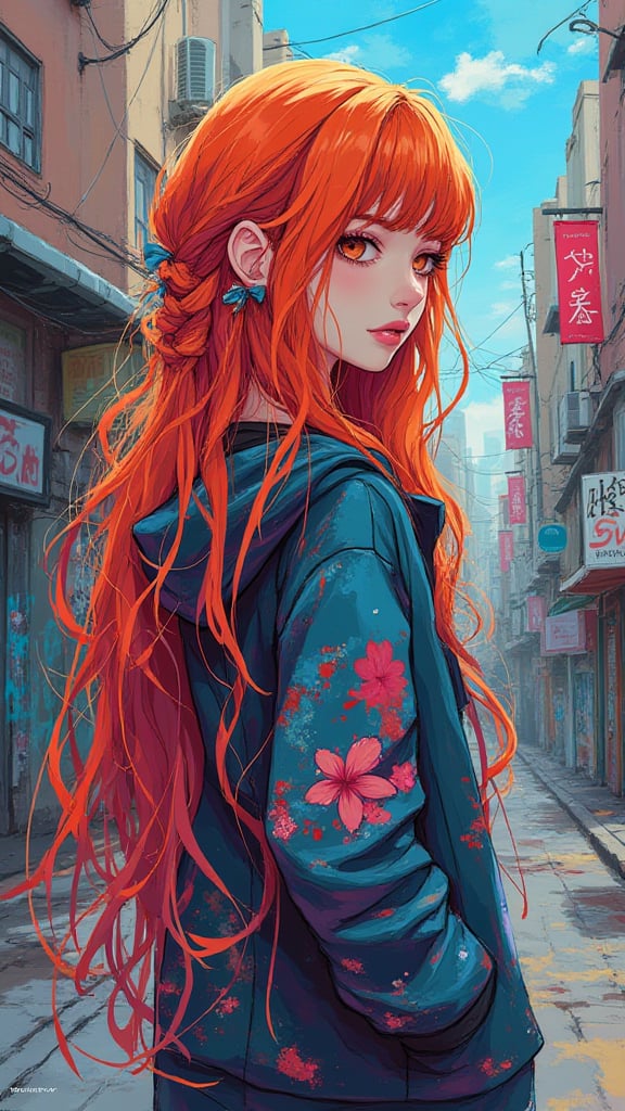 (masterpiece, high quality, 8K, high_res),
epic splash art in anime style, an amazingly beautiful young woman, glowing long amber hair intertwined with many azure ribbons and neatly laid out, intricate Hoodie dress with street art print, merge colors palette of pop art style and urbanism of street art style,
street full of graffiti in the background,