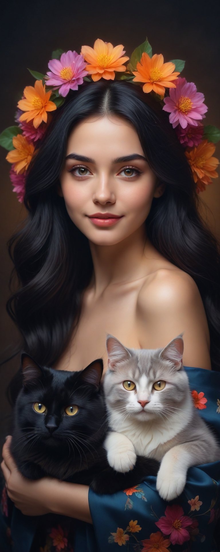 (masterpiece, best quality, ultra-detailed, 8K),high detail, realisitc detailed,
a beautiful young woman with long flowy black hair over shoulders in the dark, glowing colorful outfits, cuddling a cat, wreath, brown eyes, pale soft skin, kind smile, glossy lips, details of colorful flowers,
a serene and contemplative mood,well lit  background consists of glowing clover leaves,colorful