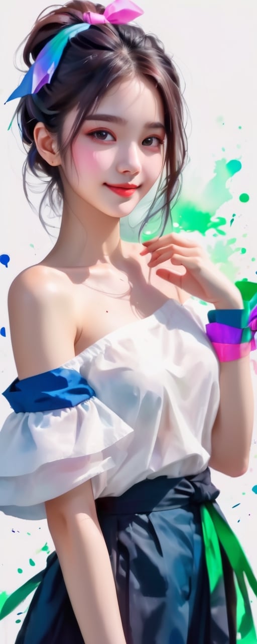 (8k, best quality, masterpiece:1.2), best quality, ultra highres, a chest up watercolor painting of a beautiful student model, looking at viewer, shoulder, dark chignon, kind smile, greasy lips, hair ribbons, white strapless tops, colorful tone, (black+blue+pink+green color:1.2), extremely luminous bright design, pastel colors, (ink:1.3), early spring lights, wet on wet, paper texture, on papar,