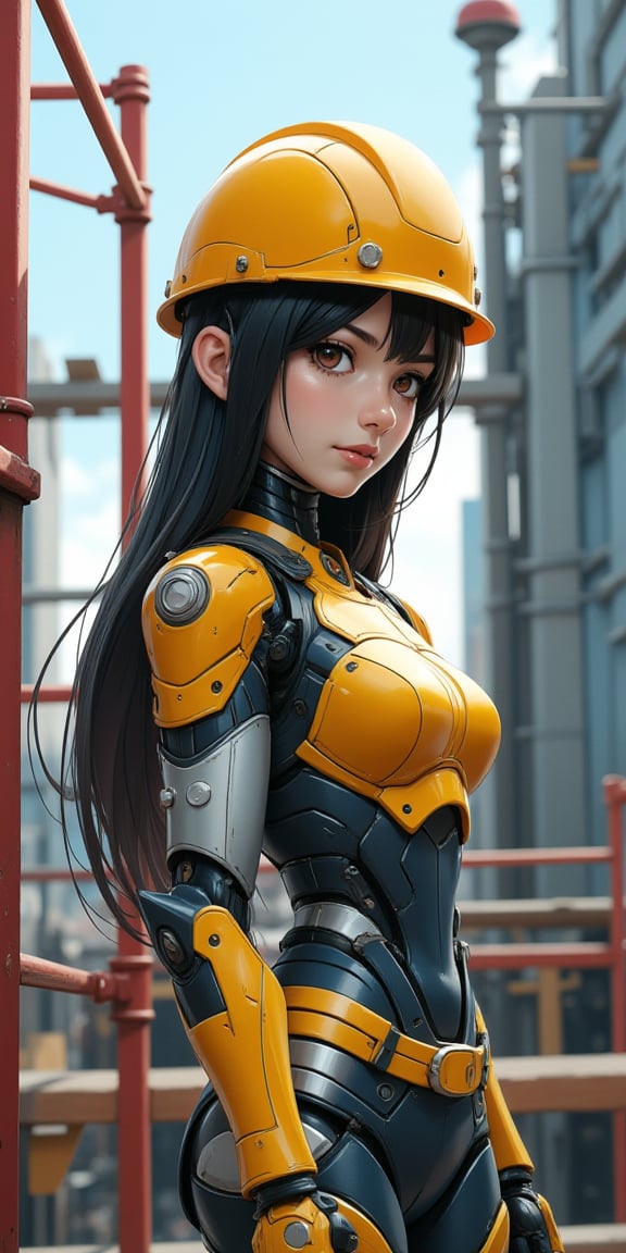 (best quality, masterpiece, ultra-detailed, highres, 8K, official art, beautiful and aesthetic:1.2), an advertising poster featuring a cute woman-shaped cyborg working on scaffolding, wearing a yellow helmet. The cyborg has a sleek, metallic body with a blend of human-like and robotic features, designed with precision and aesthetic appeal. She is shown in a waist-high portrait, with sharp focus on her detailed, realistic components. The yellow helmet adds a sense of utility, while her expression reflects a determined, focused attitude.

The scene takes place on scaffolding, with industrial elements in the background, emphasizing the worksite environment. The lighting is vivid, casting realistic shadows that enhance the textures of her metallic body and the scaffolding. The poster text reads: "Cyborg in Danger" in bold, attention-grabbing font, integrated seamlessly into the design. The overall composition is both beautiful and functional, combining artistic detail with a strong
