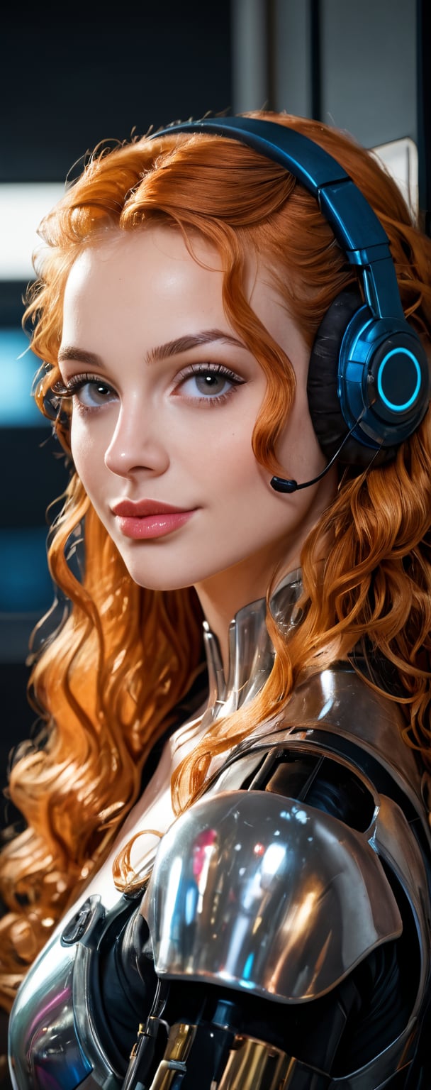 score_9,score_8_up,score_7_up,
1girl, long hair,looking at viewer,dark eyes,upper body,curly hair,parted lips,rainbow armor,lips,amber hair,kind smile,depth of field,blurry background,headphones,science fiction,cyborg,bioluminescent circuit board,cyberpunk