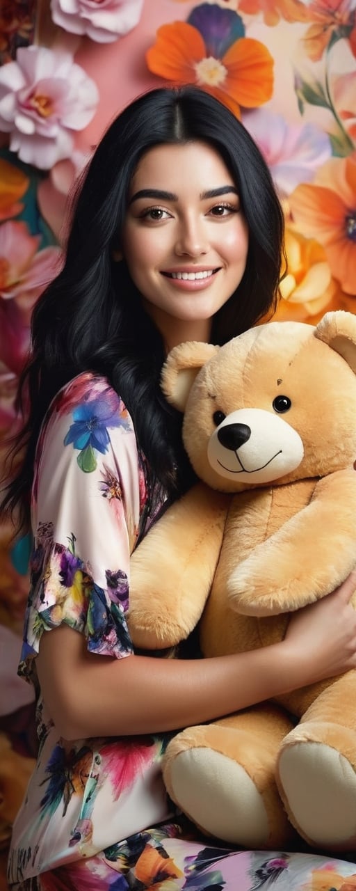 Generate hyper realistic image of a beautiful young woman cuddling a stuffed teddy bear, flowy black hair, eye contact, kind smile, realistic detailed glowing floral outfits, expressive jewelry, bliss, joyful, well lit abstract art background,