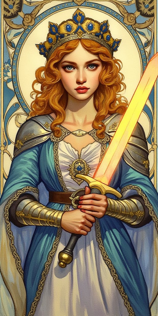 watercolor painting of a young beautiful woman wearing a crown and armor. She is holding a glowing sword. Art nouveau.