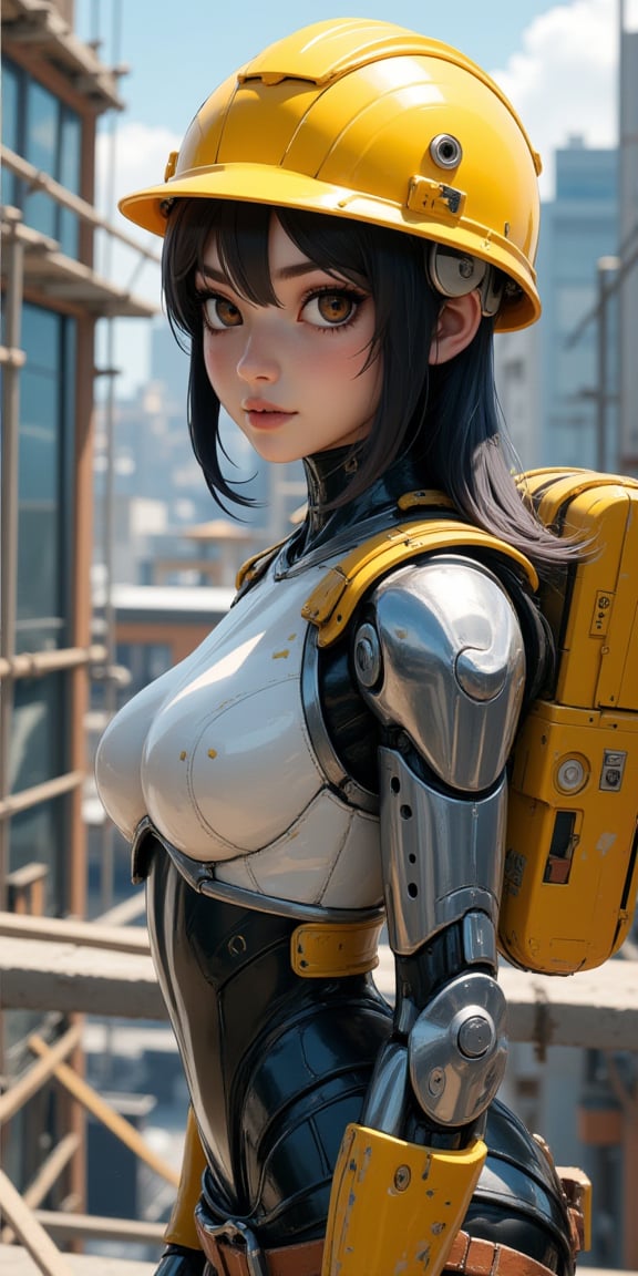 (best quality, masterpiece, ultra-detailed, highres, 8K, official art, beautiful and aesthetic:1.2), an advertising poster featuring a cute woman-shaped cyborg working on scaffolding, wearing a yellow helmet. The cyborg has a sleek, metallic body with a blend of human-like and robotic features, designed with precision and aesthetic appeal. She is shown in a waist-high portrait, with sharp focus on her detailed, realistic components. The yellow helmet adds a sense of utility, while her expression reflects a determined, focused attitude.

The scene takes place on scaffolding, with industrial elements in the background, emphasizing the worksite environment. The lighting is vivid, casting realistic shadows that enhance the textures of her metallic body and the scaffolding. The poster text reads: "Cyborg in Danger" in bold, attention-grabbing font, integrated seamlessly into the design. The overall composition is both beautiful and functional, combining artistic detail with a strong
