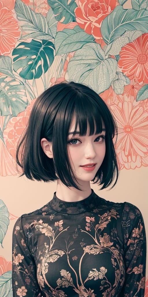 a flat lineart of a young beautiful woman leaning against colorful wall printed botanial patterns at pop-style Private Rooms,kind smile,bangs,messy short-bob,detailed realistic dark clothes,soft tone,only in four colors,a ncg,Illustration