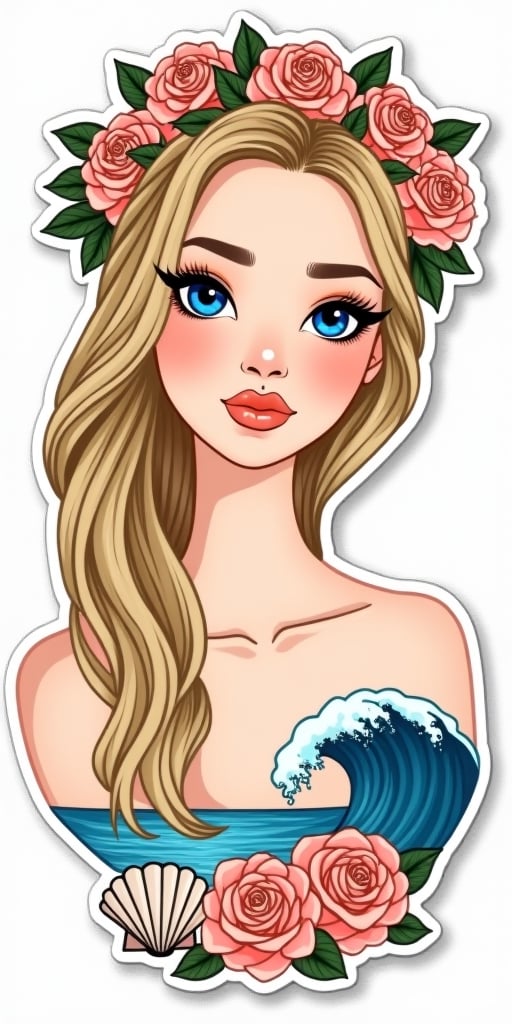 Generate a sticker design featuring a waist high portrait, blue eyes , peach lips , blonde hair, black eyeliner, prom hair style, wreath, necktop , roses, seashell, sea waves, print, perfect line work, collage-based, fashion illustrations, natural tones color palette, 