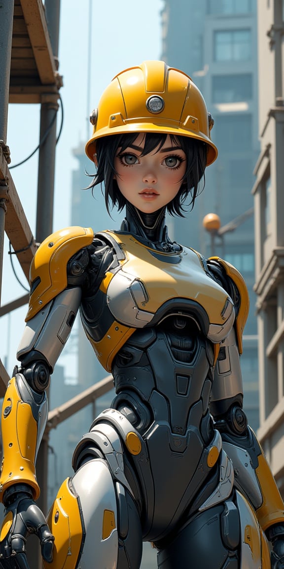 (best quality, masterpiece, ultra-detailed, highres, 8K, official art, beautiful and aesthetic:1.2), an advertising poster featuring a cute woman-shaped cyborg working on scaffolding, wearing a yellow helmet. The cyborg has a sleek, metallic body with a blend of human-like and robotic features, designed with precision and aesthetic appeal. She is shown in a waist-high portrait, with sharp focus on her detailed, realistic components. The yellow helmet adds a sense of utility, while her expression reflects a determined, focused attitude.

The scene takes place on scaffolding, with industrial elements in the background, emphasizing the worksite environment. The lighting is vivid, casting realistic shadows that enhance the textures of her metallic body and the scaffolding. The poster text reads: "Cyborg in Danger" in bold, attention-grabbing font, integrated seamlessly into the design. The overall composition is both beautiful and functional, combining artistic detail with a strong
