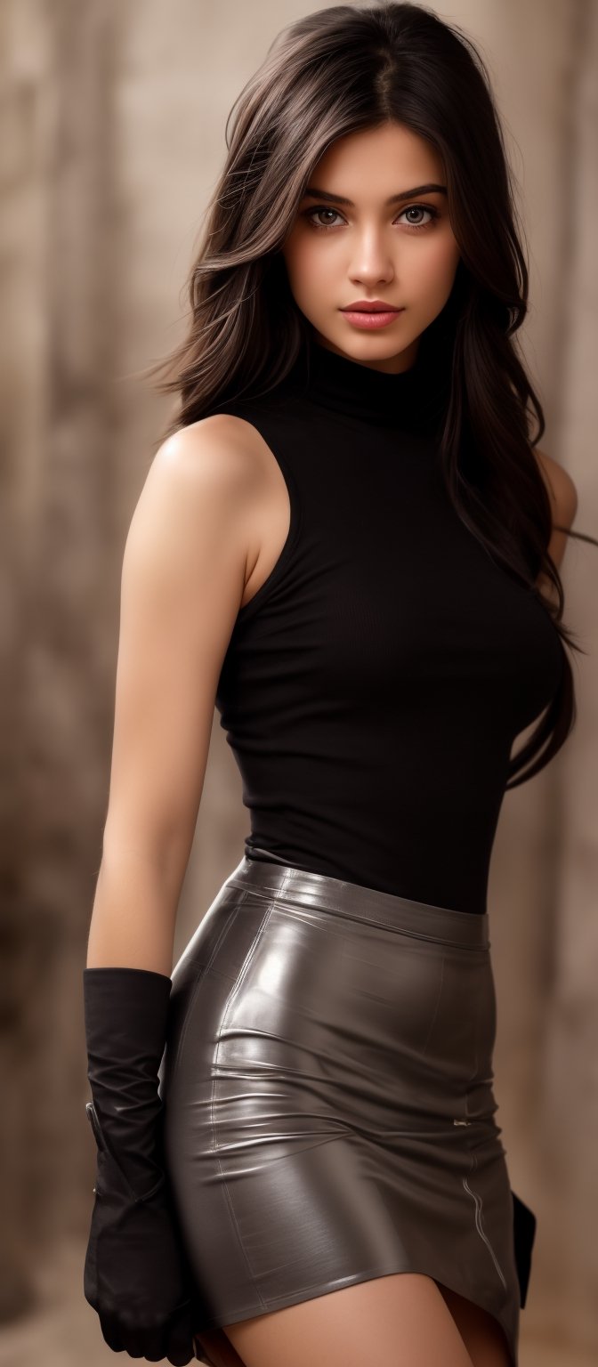 Generate hyper realistic image of a beautiful student model with black pixie hair and bare shoulders, standing confidently in a sleek skirt and sleeveless turtleneck, kind simile, lipgloss, as she gazes directly at the viewer with an enigmatic allure, her black elbow gloves adding a touch of elegance to the cowboy shot composition against a well lit background, depth of field.