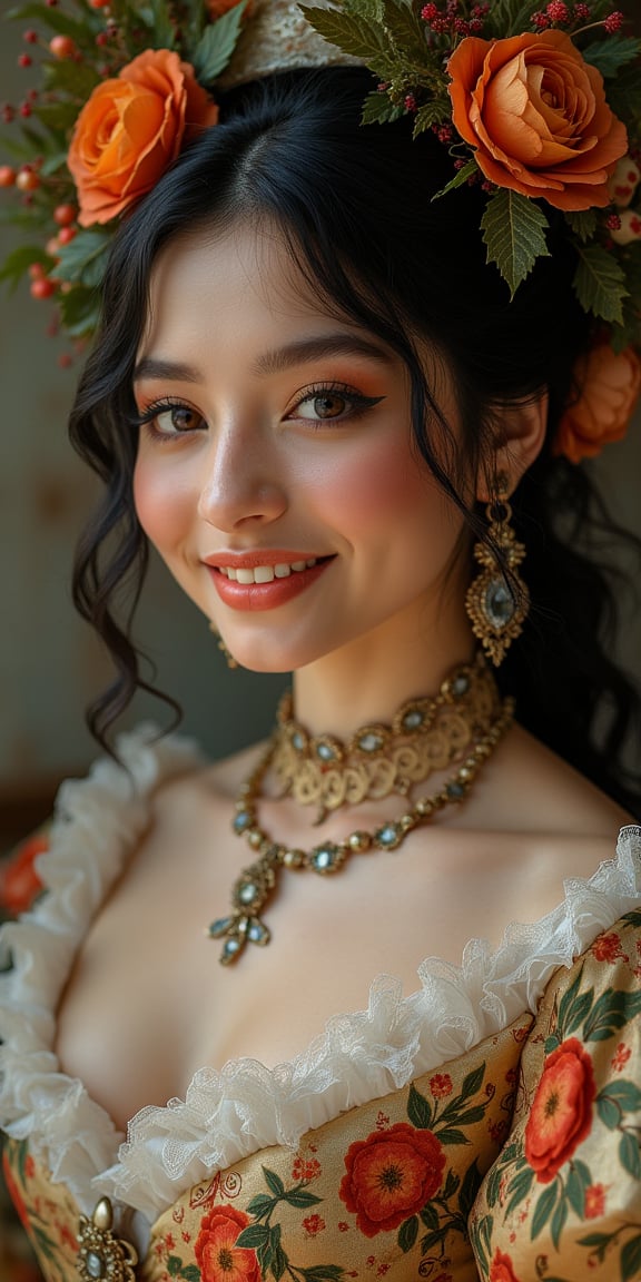 (best quality, ultra-detailed, masterpiece, hyperrealism, vibrant, 8K, RAW photo), a stunning young woman with dark hair, dressed in exquisite Rococo fashion. Her makeup and attire celebrate opulence, femininity, and elegance, capturing the whimsical and dreamy aesthetic of the era. Her dress features intricate, ornamental details, with vibrant floral patterns and baroque-inspired designs. She wears theatrical, vibrant makeup that enhances her natural beauty, reflecting the celebrated opulence of Rococo style. The woman smiles warmly, making eye contact, in an elegant, organic pose. 

The scene is framed with a hyperrealistic, posterized style, using bright, lush colors to highlight every detail. The background and atmosphere embrace Baroque opulence, with organic ornamental elements, adding to the theatrical feel. The use of alcohol paint, wet gouache, and a subtle film grain effect adds a rich, textured look to the image, giving it a dreamy, painterly quality. Soft penumbra lighting emphasizes the figure and creates a sense of depth, completing the vibrant yet delicate composition.
