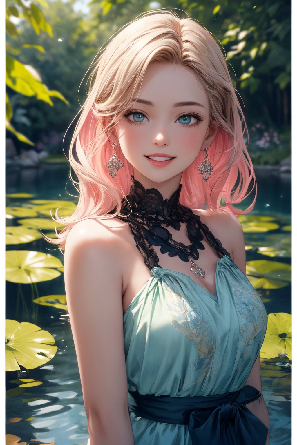 create a beautiful woman posing dynamically in front of pond, looking at viewer, 23yo, joyful mood, happy, playful, dark beige long hair, fluffy hair, beautiful detailed eyes, grey eyes, greasy lips, realistic detailed skin, kind smile, perfect teeth, intricate summer dress, flower and leaf patterns, colorful tone, (black+blue+pink+green color:1.2), earrings, necklace, beautiful blue pond, photo r3al, aesthetic portrait, upper_body,,monochrome