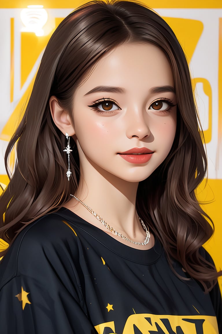 (best quality, 4k, 8k, highres, masterpiece), ultra-detailed, young student model, long hair, eye contact, kind smile, well lit background, shirt, brown hair, black hair, closed mouth, jewelry, brown eyes, earrings, necklace, black shirt, lipgloss, forehead, stenciled yellow iconography background, portrait, realistic, photorealistic