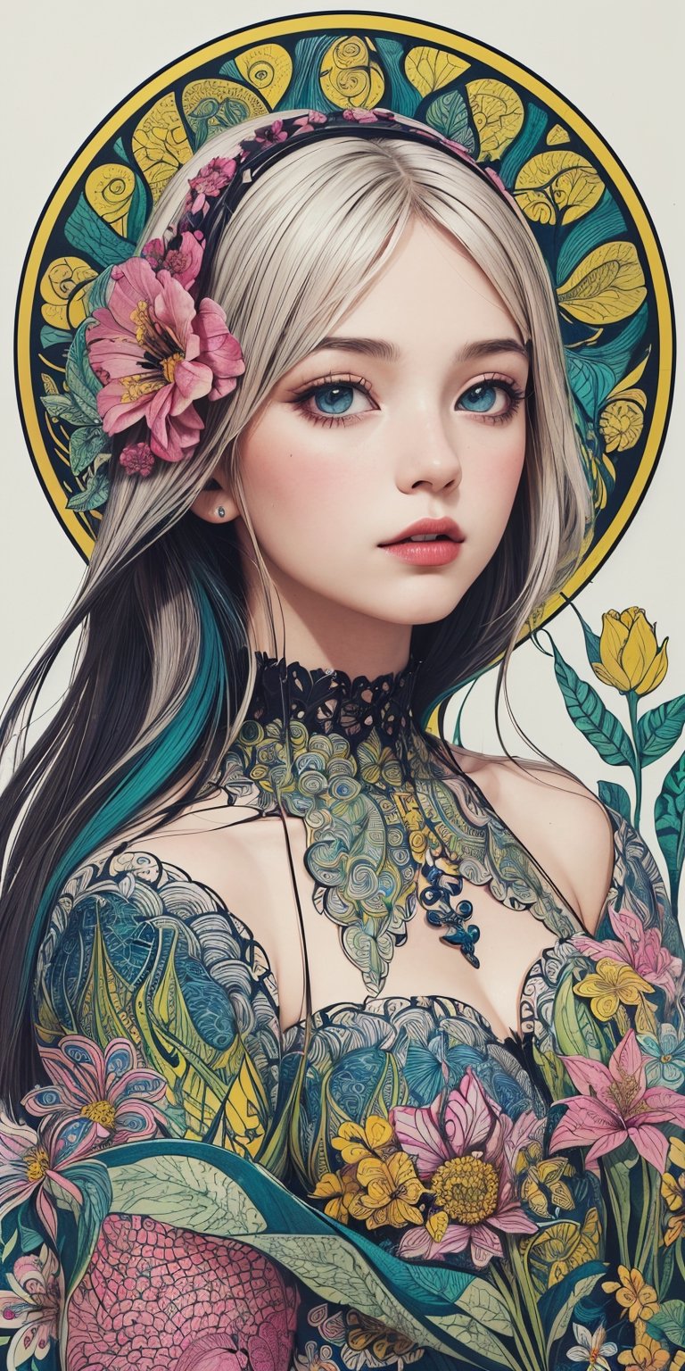(masterpiece, top quality, best, official art, beautiful and aesthetic:1.2), ultra realistic, highres, 
1girl, (pop art:1.4), (zentangle, flower effects:1.2), (art nouveau:1.1),(Akiba Gothic:1.3)