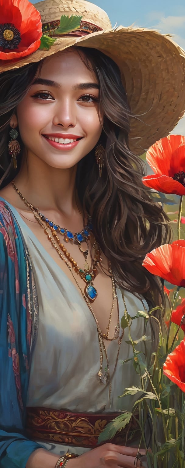 create a hyper realistic full body portrait of a beautiful young woman gathering bunches of flowers in a wild red poppy field, BREAK eye contact, bliss, joyful mood, black flowy long hair, beautiful detailed brown eyes, glossy lips, realistic detailed skin, kind smile, perfect teeth, intricate brown winter outfit with straw hat, colorful tone, (black+blue+red+green color:1.2), luxurious jewelry, gold earrings, exquisite gold rose sgs necklace with ornate, aesthetic portrait, ,colorful,beautiful finger,,,