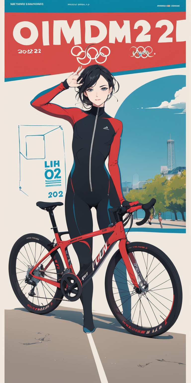 a chest up advertising poster of a beautiful student model in morden road bicycle suit, long black hair with blue streak hair, chignon, lively pose, beautiful bold typograhy of text: 'Like a NCG', mountainous scenery, a ncg,flat illustration, in only four colors, PARIS 2024, olympic games