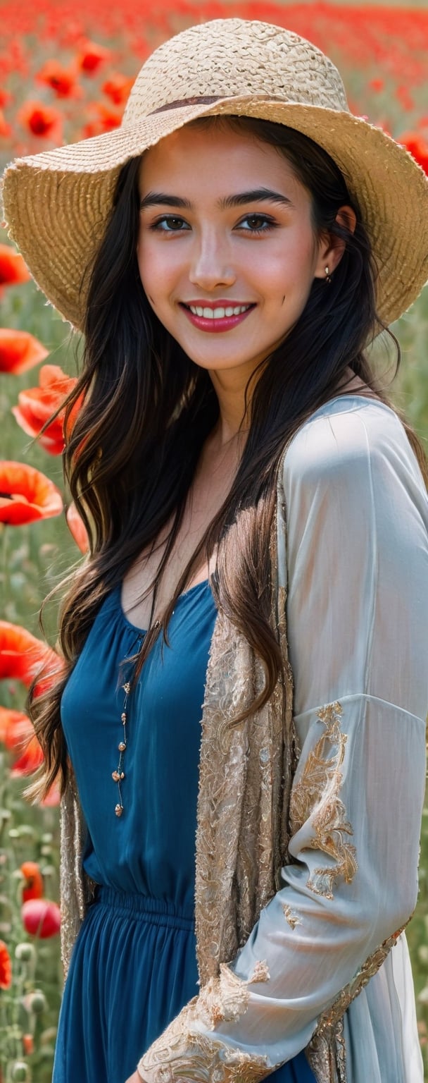 create a hyper realistic full body portrait of a beautiful young woman gathering bunches of flowers in a wild red poppy field, eye contact, bliss, joyful mood, black flowy long hair, beautiful detailed brown eyes, glossy lips, realistic detailed skin, kind smile, perfect teeth, intricate brown winter outfit with straw hat, colorful tone, (black+blue+red+green color:1.2), luxurious jewelry, gold earrings, exquisite gold rose sgs necklace with ornate, aesthetic portrait, ,colorful,beautiful finger,,,