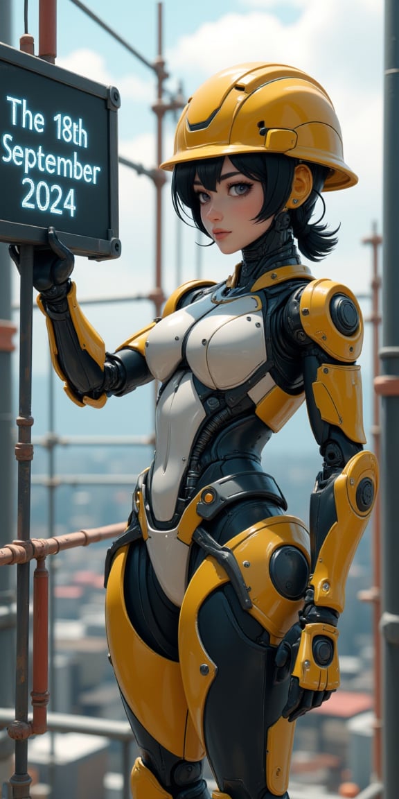 (best quality, masterpiece, ultra-detailed, highres, 8K, official art, beautiful and aesthetic:1.2), an advertising poster featuring a cute woman-shaped cyborg working on scaffolding, holding a electronic sign with perfectly legible text that reads: "The 18th September 2024.", wearing a yellow helmet. The cyborg has a sleek, metallic body with a blend of human-like and robotic features, designed with precision and aesthetic appeal. She is shown in a waist-high portrait, with sharp focus on her detailed, realistic components. The yellow helmet adds a sense of utility, while her expression reflects a determined, focused attitude.

The scene takes place on scaffolding, with industrial elements in the background, emphasizing the worksite environment. The lighting is vivid, casting realistic shadows that enhance the textures of her metallic body and the scaffolding. The poster text reads: "Cyborg in Danger" in bold, attention-grabbing font, integrated seamlessly into the design. The overall composition is both beautiful and functional, combining artistic detail with a strong
