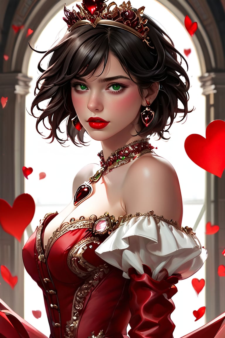 (masterpiece, best quality, ultra-detailed, 8K),highres, high detail, realisitc detailed,highres,sharp focus, a Queen of Hearts card featuring a beautiful slim student model looking back in dynamic pose, in white/red ornate dress, in short messy hair style, in dark hair, greasy crimson lip, emerald iris in eyes,