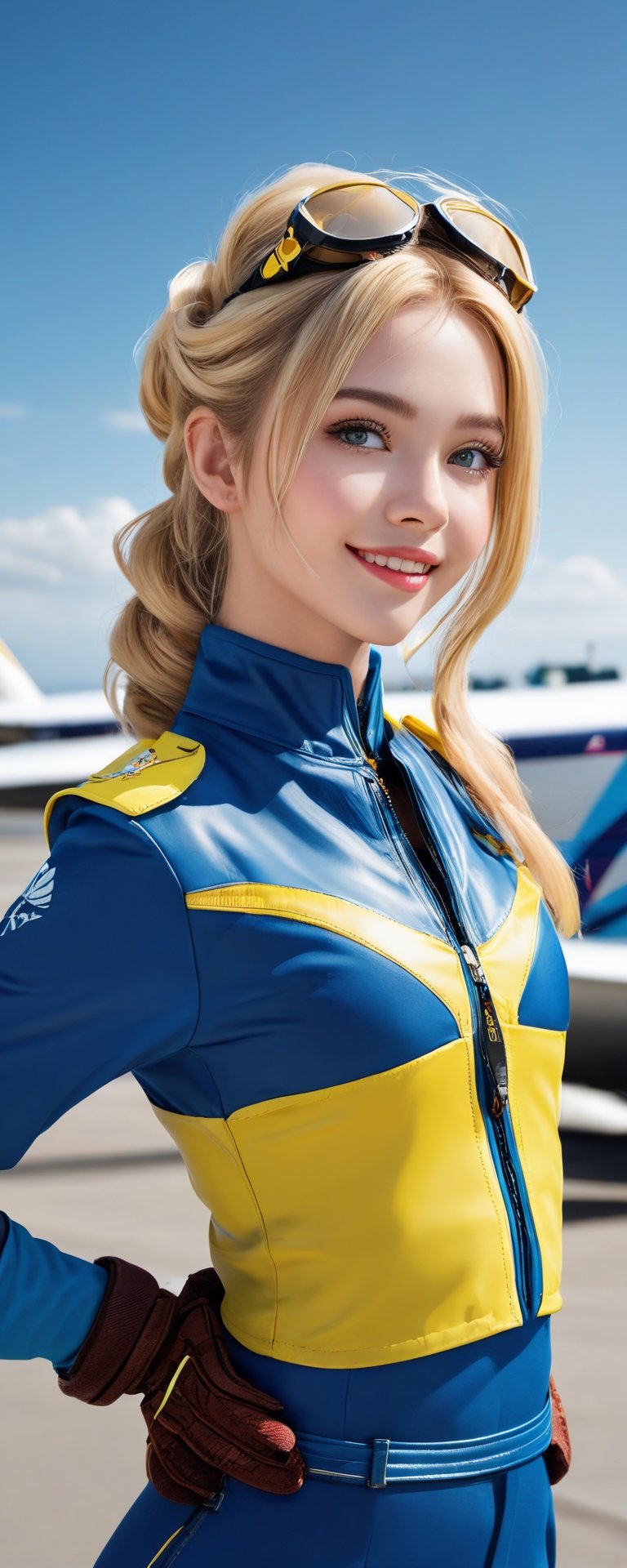 (best quality, masterpiece, ultra detailed, 8K, RAW photo), highres, 
a beautiful student model, solo, azure/yellow airpilot gear, cutout, azure clear eyes, eye contact, blonde shaggy hair, flowy long hair, chignon,kind smile, glossy lips,  gloves, navel, dynamic pose, left hand behind the head, come-hither, bliss, airport background, strong shadow, hyperrealistic, visually detailed design, hyperrealistic digital photograph, 
vibrant colors, colorful, 