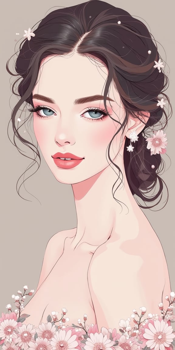 (best quality, masterpiece, ultra-detailed, flat colors, 8K, magazine cover design), a flat color illustration of a stunning young woman with striking azure eyes. Her delicate makeup enhances her natural beauty, with soft highlights on her full lips. Her hair is elegantly styled in soft curls, adorned with small, lustrous pearls, contributing to her graceful and refined look.

She is wearing an exquisite, intricately designed dress with delicate floral embroidery, adorned with pearls and gemstones in soft shades of pink and silver. The flat color palette emphasizes clean lines and smooth shading, adding to the modern, elegant aesthetic of the cover. The overall composition is balanced, with the focus on the woman's striking features and ornate attire, giving the magazine a luxurious and sophisticated visual appeal.