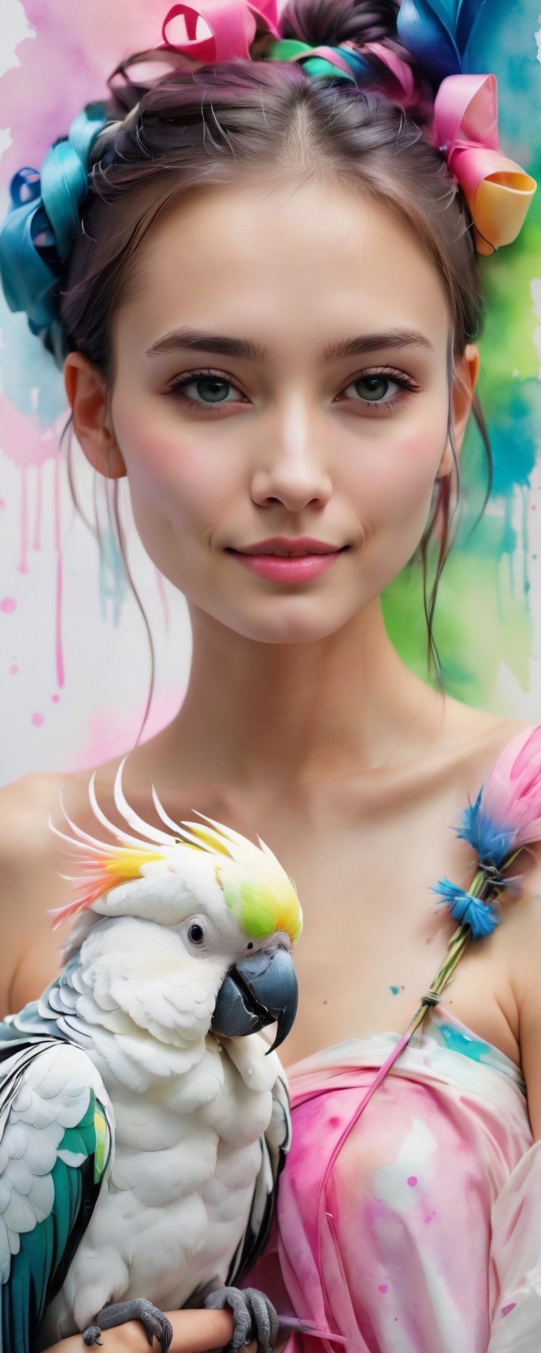 (best quality, masterpiece, ultra detailed, 8K, RAW photo),
 a chest up watercolor painting of a beautiful student model with a cockatoo, looking at viewer, shoulder, dark chignon, kind smile, greasy lips, hair ribbons, white strapless tops, colorful tone, (black+blue+pink+green color:1.2), extremely luminous bright design, pastel colors, (ink:1.3), early spring lights, wet on wet, paper texture, on papar,