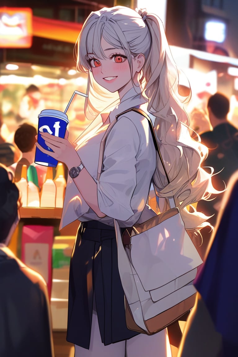 (masterpiece, best quality, high resolution, beautiful and aesthetic:1.2), (1girl), a promissing student model, a beautiful woman handing out a papercup of soda, looking at viewer, blinking eyes, summer crowded market, blinking background, anime