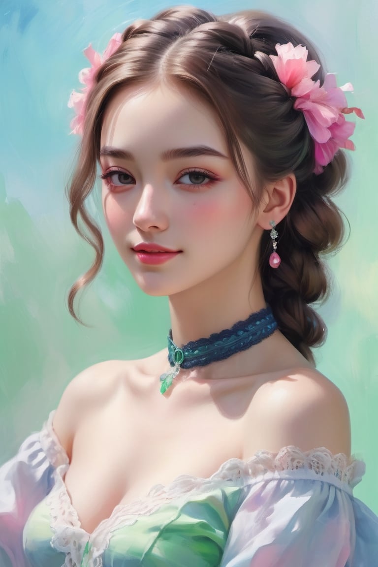 (8k, best quality, masterpiece:1.2), best quality, ultra highres, a chest up oil painting of a beatilful young woman, looking at viewer, shoulder, dark french braid, kind smile, greasy lips, hair ribbons, white strapless tops, white lace choker, jewelry, colorful tone, (black+blue+pink+green color:1.2), artistic oil painting stick,rough,(uneven),(embossment:1.2), extremely luminous bright design, pastel colors, (ink:1.3), early spring lights, ,