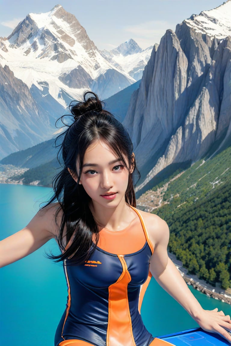 a chest up advertising poster of a beautiful student model diving from a diving springboard, long black hair with blue streak hair, chignon, lively pose, beautiful bold typograhy of text: 'Like a NCG', mountainous scenery, a ncg,flat illustration, in only four colors, PARIS 2024, olympic games,csgirl