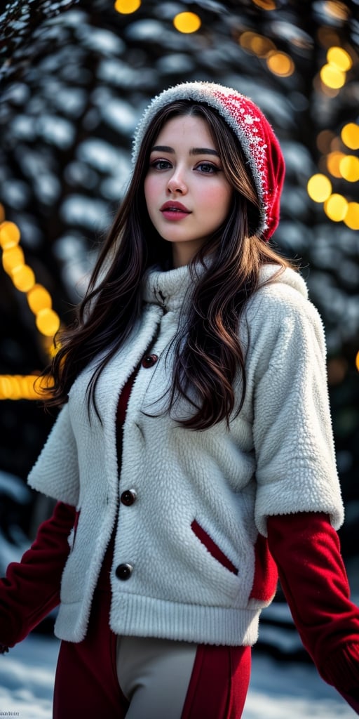 (best quality, masterpiece, ultra detailed, highres, RAW image),
a beautiful young woman in winter clothes playing in the snow, eye contact, with long flowing hair, Christmas, a cardinal-bird, winterscape, scenary, ❄️,  🎄,  🎁, 
From below, cinematic, ultrarealistic, hyperdetailed, bokeh, depth of field,