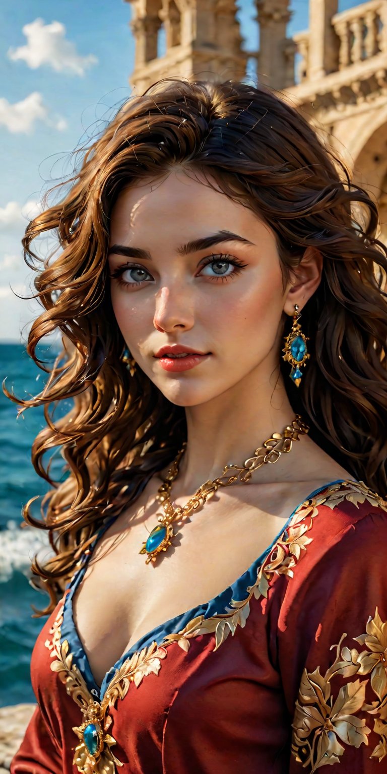 (best quality, masterpiece, top quality, highres, 8K), sharp focus, 
A young beautiful woman with gold-flecked azure eyes and curly dark hair, well defined eyelashes, lipgloss, kind smile, realistic detailed necklace, realistic detailed crimson fabric, bliss vibes, in a bright adriatic square, ornate architecture, seashore, epic sky, 