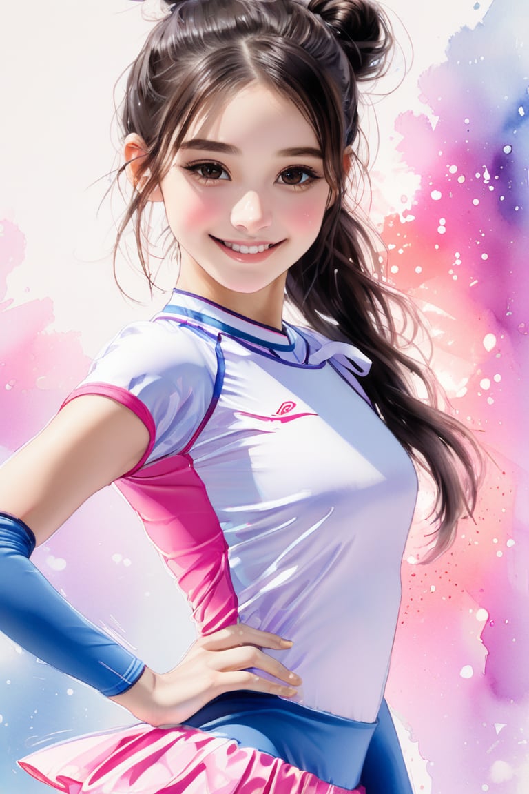 ek_art_b00ster, a pencil sketch of 1girl in pastel art blended with alcohol ink style, dark long hair, chignon, kind smile, a mesmerizing beautiful face, rhythmic gymnastics uniform, unreal engine rendering, masterpiece, best quality