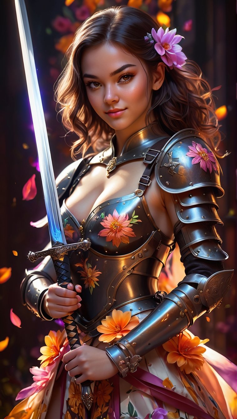 a beautiful young woman holding a hilt of a sword, looking at viewer, smirk, petals, flowers, flower dress, colorful, dark amber holy background, flower armor, realist, realistic skin, clear soft skin, skin detailed, pore, grain, breasts, art, sword reflecting flamboyant glowing neon light,  handcuffs,  shackles,