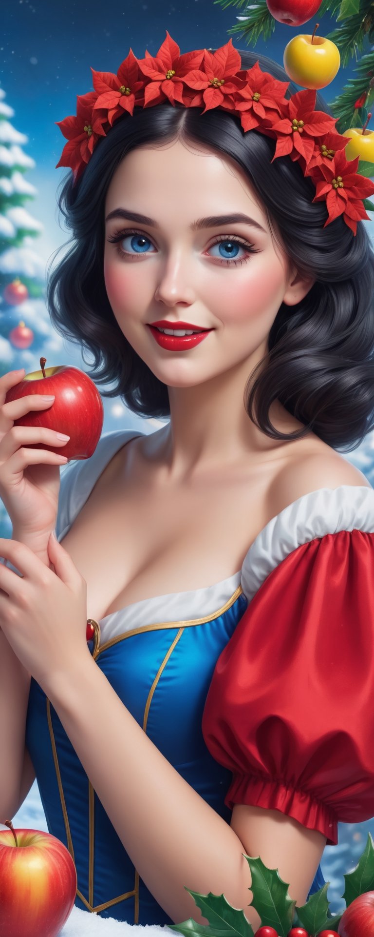 (best quality, masterpiece, ultra detailed, highres, 8k, RAW image),
a beautiful young model as  snow white with an apple,  scenary of a candy land in Christmas, dark blue eyes, eye contact  laughing, lipgloss,  poinsettia wreath, christmas tree with bells and apples, bliss, vibrant colors, 