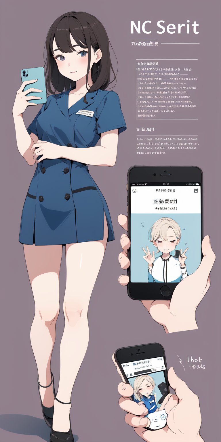 ((best quality)), reference sheet, a absurdres illustration of a young female veterinarian taking selfie with a iphone, purple background, flat illustration, ((a ncg)), in only four colors,reference sheet,beautiful bold typograhy of text: 'Like a NCG', 