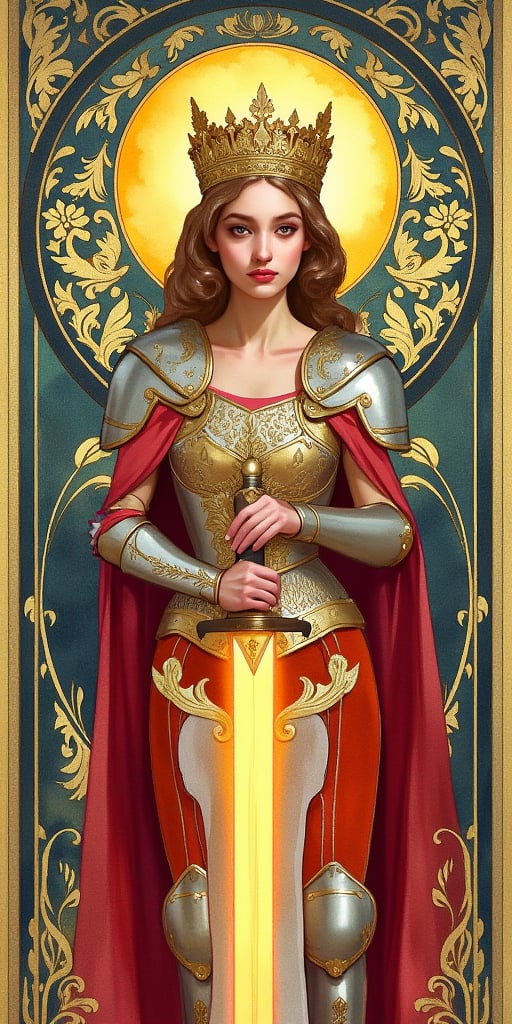 watercolor painting of a young beautiful woman wearing a crown and armor. She is holding a glowing sword. Art nouveau.