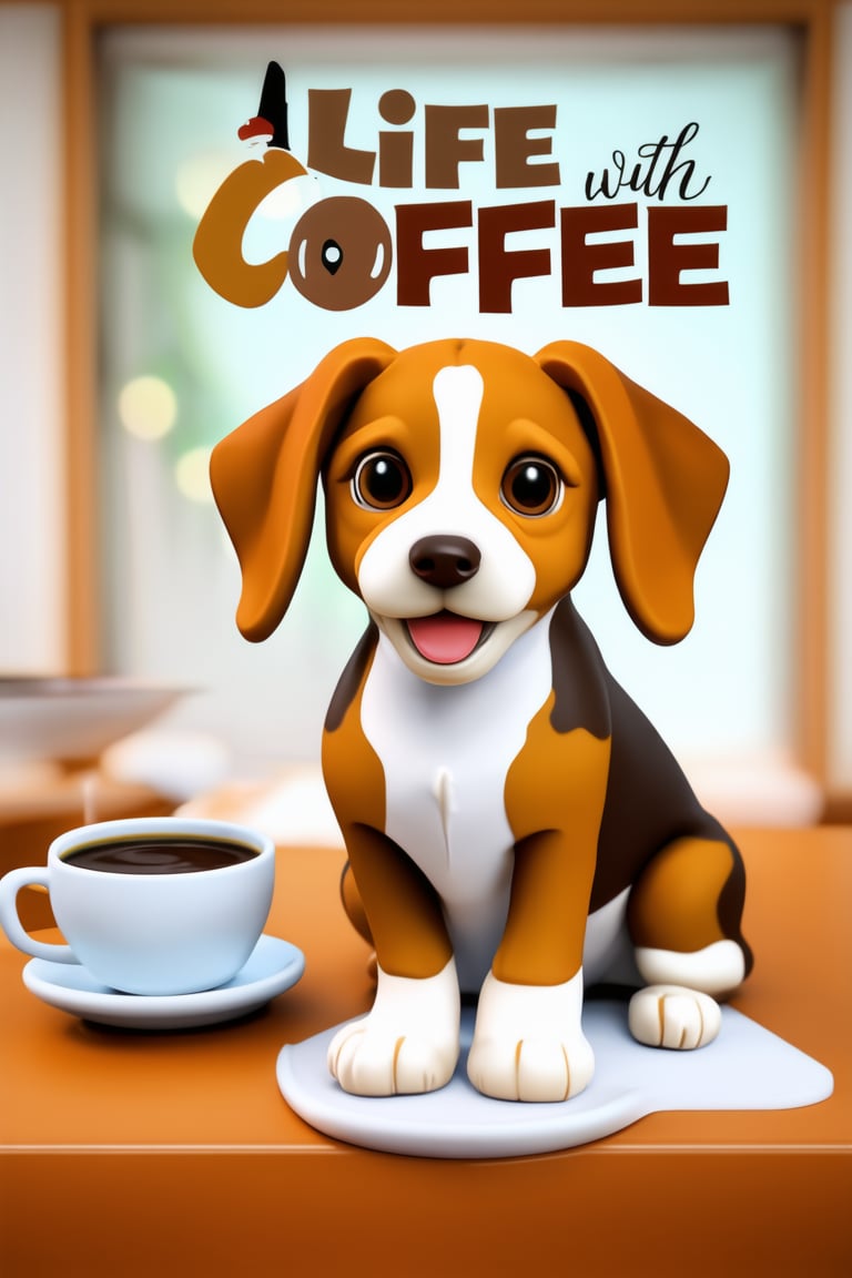 a beagle puppy sitting in a modern cafe,kind smile, eye contact, beautiful bold typograhy of text: 'Life with Coffee', a cup of coffee, cafe background, sculpture, clay art, centered composition, Claymation,3D cartoon,3D render,cartoon style,Flat Illustration