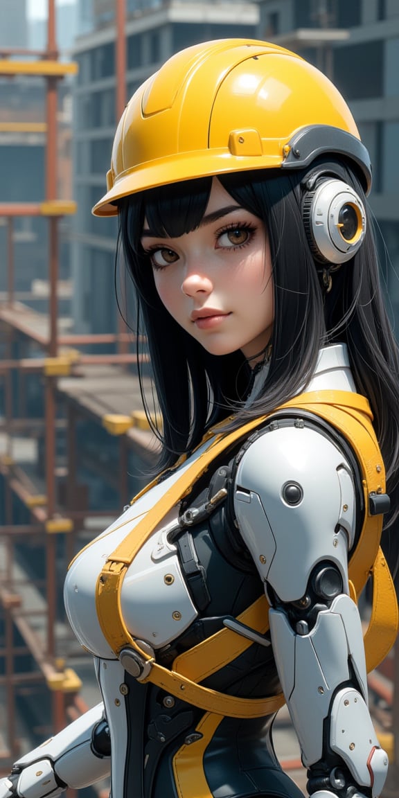 (best quality, masterpiece, ultra-detailed, highres, 8K, official art, beautiful and aesthetic:1.2), an advertising poster featuring a cute woman-shaped cyborg working on scaffolding, wearing a yellow helmet. The cyborg has a sleek, metallic body with a blend of human-like and robotic features, designed with precision and aesthetic appeal. She is shown in a waist-high portrait, with sharp focus on her detailed, realistic components. The yellow helmet adds a sense of utility, while her expression reflects a determined, focused attitude.

The scene takes place on scaffolding, with industrial elements in the background, emphasizing the worksite environment. The lighting is vivid, casting realistic shadows that enhance the textures of her metallic body and the scaffolding. The poster text reads: "Cyborg in Danger" in bold, attention-grabbing font, integrated seamlessly into the design. The overall composition is both beautiful and functional, combining artistic detail with a strong
