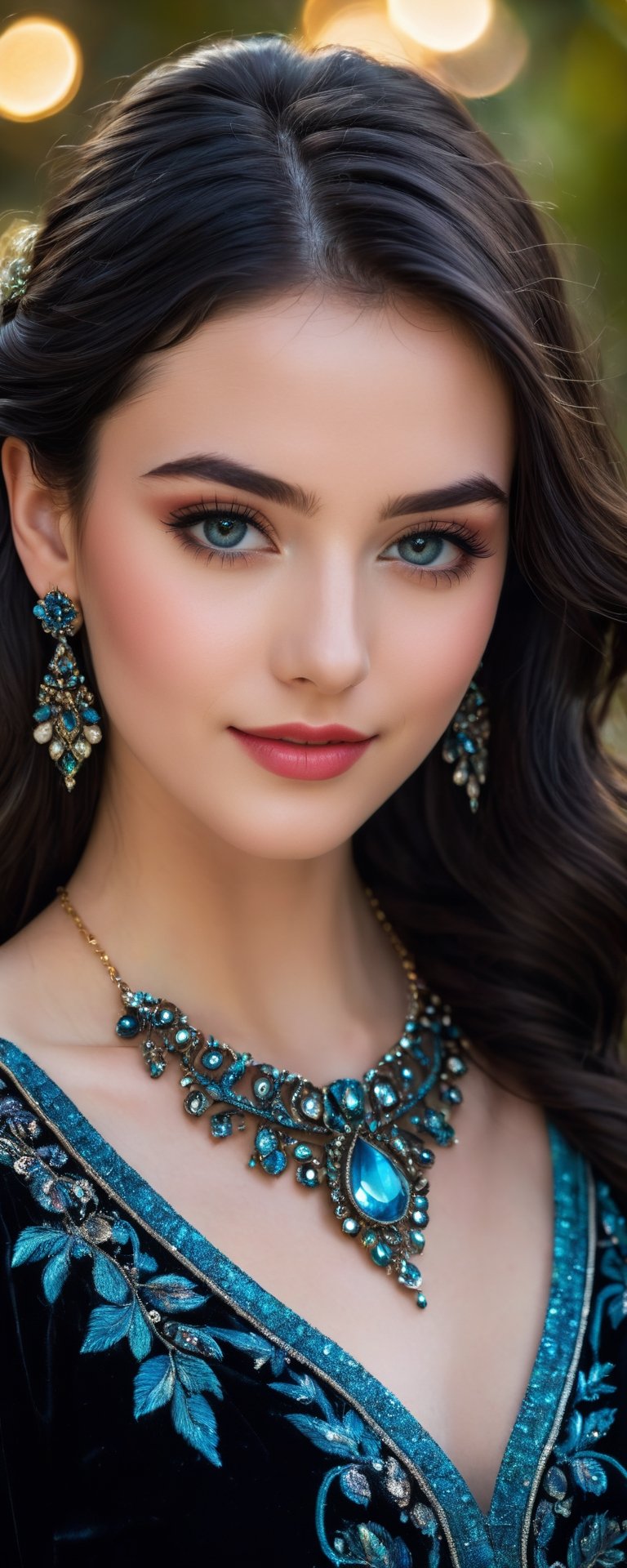 (best quality, masterpiece, ultra detailed, 8K, RAW photo), 
 full body hyper-realistic portrait of a beautiful young woman, pale soft skin,
flowy black hair, black eyes, eye contact, well defined eyelashes, eye shadow with glitter, shaded glossy lips, kind smile, light makeup, BREAK 
wearing realistic ornated velvet blouse, gorgeous earrings, necklaces, ornamantal hairpin,
bliss, cozy warm vibes,
shiny aura, intricate motifs, and organic tracery, 
perfect composition, realism with shining particles,
vivid colorful tone, (black+azure color:1.2), vibrant colors, colorful, explosion of colors, vivid hues,colorful